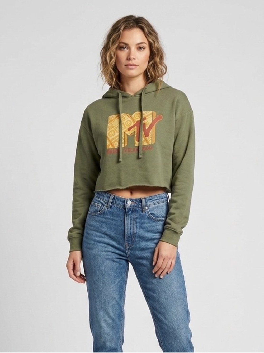 MTV Music Television Olive Green Crop Cutoff Hoodie Sweatshirt Size Medium